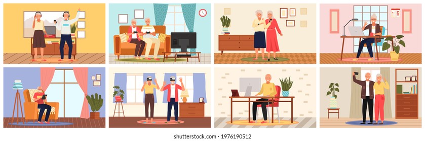 Old people play video game. Modern senior people gadgets. Oldster education computer. Old progressive use modern technology. Learning to use PC. Elderly couple gadgets. Leasing music on smartphone