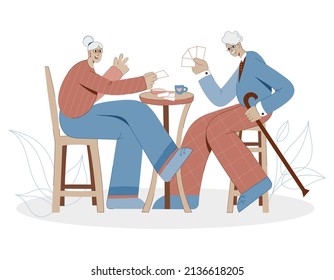 Old People Playing Cards. Older Men And Women Spend Time Together Relaxing While Play Board Games, Bridge Or Poker. Cartoon Vector Illustration Elderly Playing Games. Flat Style Senior Family.