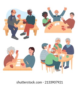 Old people playing cards. Set of isolated vector illustration with active pensioner.  Entertainment adult people. Old woman and men are happy to win.