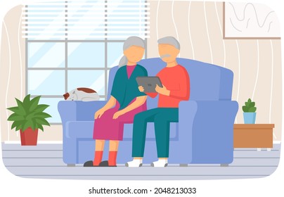 Old people playing game looking at screen. Senior couple sitting on couch and watching video on tablet. Education on computer, dealing with modern technology concept. Retired man and woman with gadget