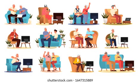 Old people playing video games set. Seniors adults playing video games with console controller and VR device. Elderly character have a modern lifestyle. Isolated vector illustration in cartoon style