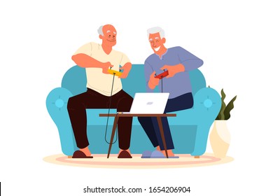 Old people playing video games. Seniors playing video games with console controller. Elderly character have a modern lifestyle. Isolated vector illustration in cartoon style