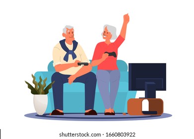 Old people playing video games. Seniors playing video games with console controller. Elderly character have a modern lifestyle. Isolated vector illustration in cartoon style