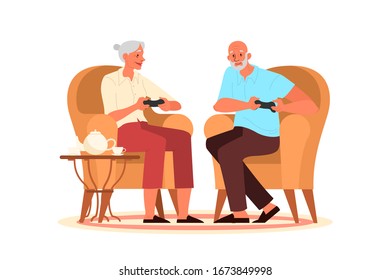 Old people playing video games. Seniors playing video games with console controller. Elderly character have a modern lifestyle. Isolated vector illustration in cartoon style