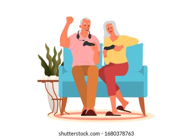 Old people playing video games. Seniors playing video games with console controller. Elderly character have a modern lifestyle. Isolated vector illustration in cartoon style
