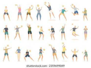 Old people playing volleyball icons set cartoon vector. Sport activity. Beach travel