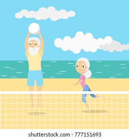 Old People Playing Volleyball On The Beach.