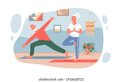 Old People Practice Yoga Sport Exercises At Home Vector Illustration. Cartoon Cute Funny Active Elderly Couple Characters, Grandmother And Grandfather Training, Healthy Yoga Activity Isolated On White