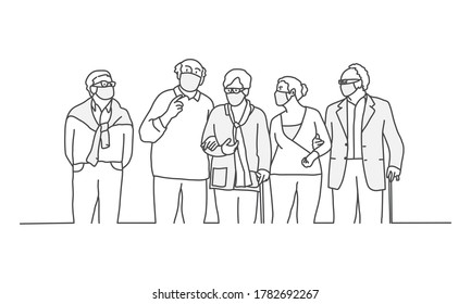 Old people in protection masks. Line drawing vector illustration.