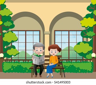 Old people reading newspapers in the garden illustration