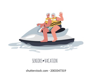 Old people riding water scooter.Active elderly concept.Happy seniors on travel together.Vector flat illustration