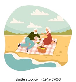 Old people romantic picnic. Elderly man and woman having meal on sea side, couple on beach and drinking wine, characters leisure time, pensioner relationships vector cartoon concept