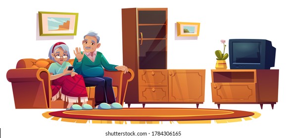 Old people in room in nursing home. Elderly woman calling on mobile phone. Vector cartoon illustration of living room interior in house for retired with sofa, cupboard and tv