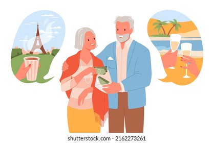 Old People Saving Money For Future Travel Vacation Vector Illustration. Cartoon Happy Grandmother And Grandfather Holding Envelope With Currency To Save And Plan Family Budget Isolated On White