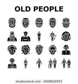 old people senior happy mature icons set vector. woman care, adult family, love together, couple elder, home age, help lifestyle park old people senior happy mature glyph pictogram Illustrations