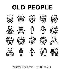 old people senior happy mature icons set vector. woman care, adult family, love together, couple elder, home age, help lifestyle park old people senior happy mature black contour illustrations