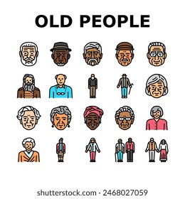 old people senior happy mature icons set vector. woman care, adult family, love together, couple elder, home age, help lifestyle park old people senior happy mature color line illustrations