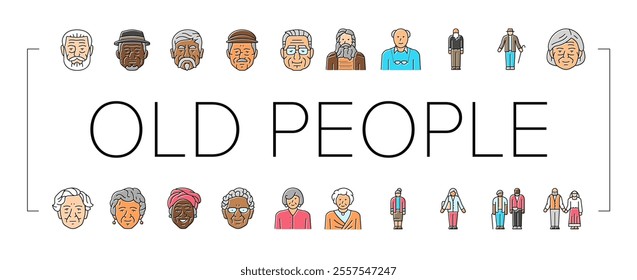 old people senior happy mature icons set vector. woman care, adult family, love together, couple elder, home age, help lifestyle park old people senior happy mature color line illustrations