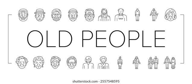 old people senior happy mature icons set vector. woman care, adult family, love together, couple elder, home age, help lifestyle park old people senior happy mature black contour illustrations