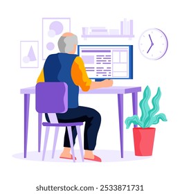 Old people. A senior individual sits on a chair working on a computer at a desk surrounded by wall decor and a potted plant. Ideal for themes of aging, technology use, home office, retirement, and