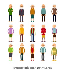 Old people. Set of diverse elderly people with avatars isolated on white background. Caucasian aged people. Elderly men and women. Illustration in flat style
