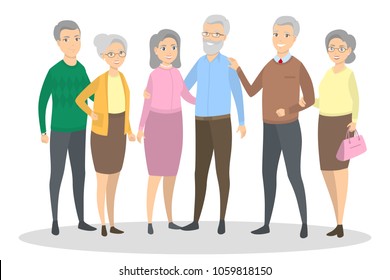 Old people set. Men and women standing together on white.