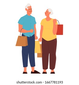 Old people with shopping bag. Old man and woman holding their shopping. Grandmother and grandfather at the mall or grocery store. Isolated flat vector illustration