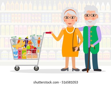 Old people shopping. Retired couple with shopping cart with foods in the supermarket. Elderly man and woman at the grocery. EPS10 vector illustration in flat style.