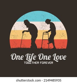 Old people silhouette. Elderly couple walk. Retro vintage t-shirt