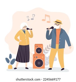 Old people sing song and dancing. Grandmother and grandfather entertainment. Karaoke party. Happy active elderly couple uses mics. Retirement activities concept. Trendy style vector illustration