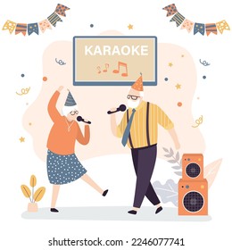 Los ancianos cantan canciones y bailan. Espectáculo de abuela y abuelo. Fiesta de Karaoke. Feliz pareja de ancianos activos usa micrófonos. Concepto de actividades de jubilación. Ilustración vectorial de estilo moderno