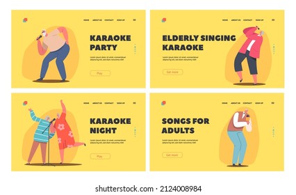 Old People Singing in Karaoke Club Landing Page Template Set. Senior Male and Female Characters Sing with Microphones Performing on Stage. Creative Hobby, Vocal Recreation. Cartoon Vector Illustration