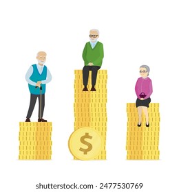 Los ancianos se sientan y se paran sobre monedas de oro. Fondo de pensiones, ahorros para la jubilación. Abuelos con diferente cantidad de dinero. Invertir, ingresos pasivos en la jubilación. Cuentas bancarias. Ilustración vectorial plana