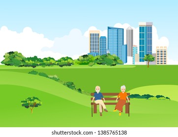 Old people sitting on the bench in the city park, urban landscape in background, vector