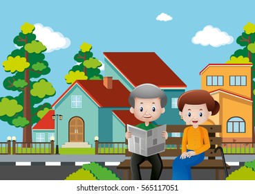 Old people sitting on bench in village illustration