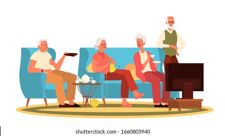 Old people sitting on sofa and watching TV. Grandfather and grandmother spend time together. Old people lifestyle concept. Senior man and woman relaxing at home. Vector illustration in cartoon style