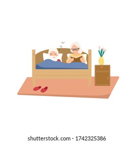 Old people sleep in bedroom. Grandfather and grandmother resting. Isolated image of adult family. Wife and husband in cartoon style. Pensioners at home