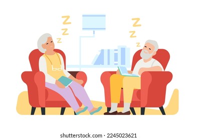 Old people sleeping in armchair. Grandparents relax and dream on sofa. Persons read books. Pensioners leisure. House relaxation. Sneezing seniors. Retired family asleep