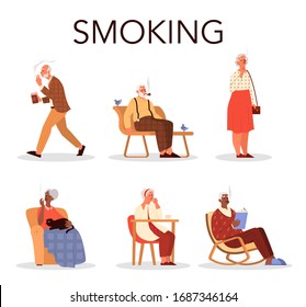 Old people smoking set. Retired man and woman sitting on a bench and in armchair smokes cigarette. Tobacco addiction. Vector cartoon illustration.