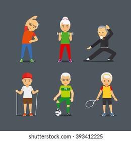 Old people sport activities. Adults people sport lifestyle icons. Vector illustration