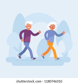 Old people sport activities. Happy Senior Couple running In the Park. Vector illustration 
