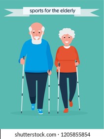 Old people sport activities. Happy Senior Couple making nordic walking In the Park. Vector illustration. Healthy lifestyle concept. Active sport concept. Cartoon flat style illustration
