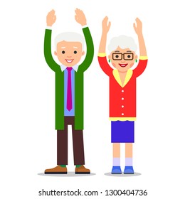 Old people stand with raised hands. An elderly man and an elderly woman scream and gesticulate hands. Illustration of people characters isolated on white background in flat style.

