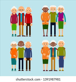 Old people standing. Elderly men and women europeans and african american ethnic friends. Senior stand and hug each other. Set happy seniors. Illustration isolated on background in flat. 