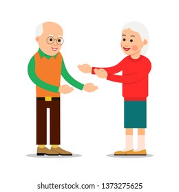 Old people standing and stretch their arms for hugs. Happy parent together. Smiling two pensioner. Meeting old friends. An elderly couple during a love or friendly encounter. Romantic relationship. 
