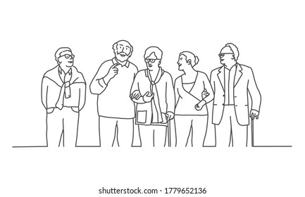 Old people standing together. Line drawing vector illustration.