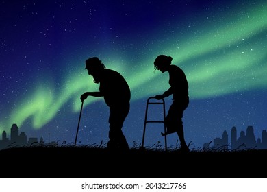 Old People At Starry Night. Elderly Couple. Green Aurora Borealis