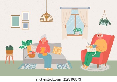Old people stay at home with own hobby. Vector elderly adult illustration, person woman and man quarantine