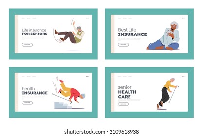 Old People Stumble Landing Page Template Set. Senior Male and Female Character Falling Down on the Ground due to Slippery Road, Clumsiness or Health Problems. Cartoon Vector Illustration