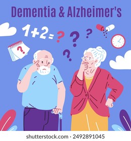 Los ancianos sufren de Alzheimer. Demencia. Un hombre y una mujer mayores se ponen de pie con ansiedad y tratan de concentrarse y recordar algo. Concepto de problemas de pérdida de memoria. Ilustración vectorial.